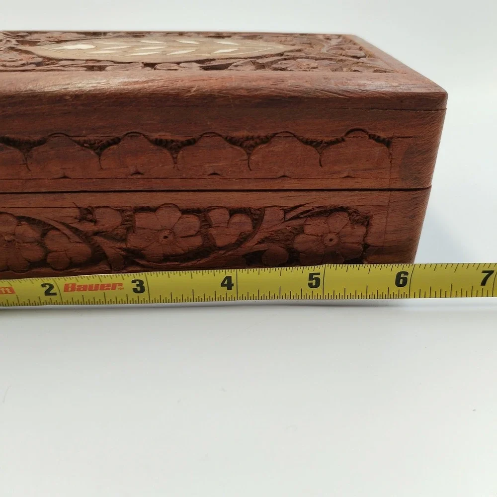Vintage Hand Carved Indian‎ Wood Jewelry Box Inlay Floral Trinket Boho 6